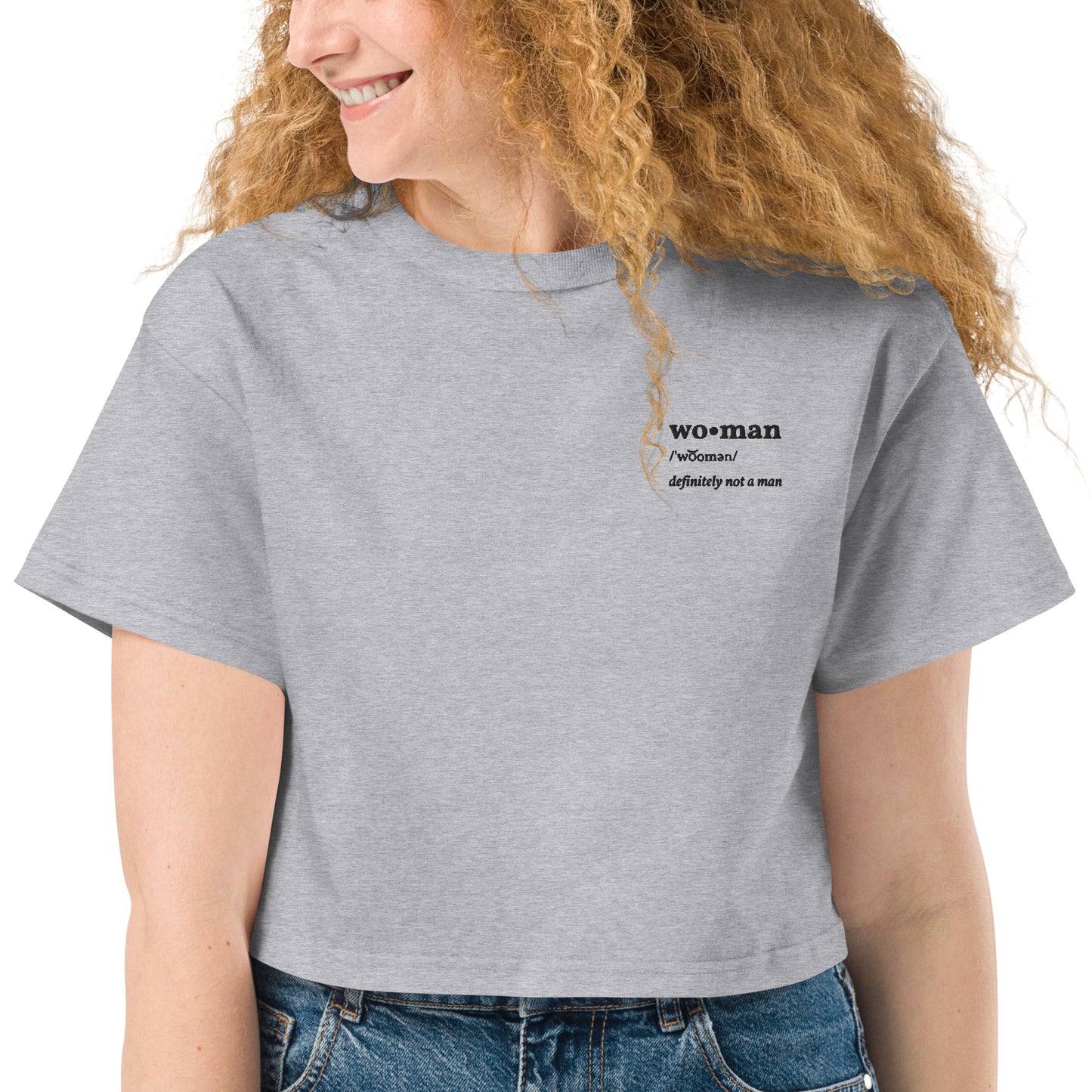 Woman Definition Embroidered Champion Crop Top